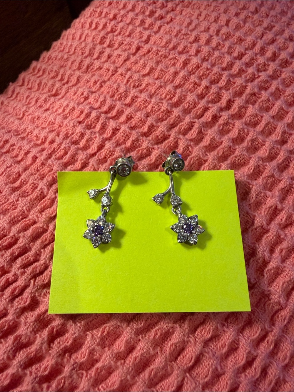 Pandora Silver Floral Drop Earrings with Purple Stones
